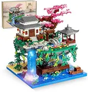 Peach Blossom Pond Micro Mini Building Blocks Set for Adults and Kids, Chinese Architecture Cherry Bonsai Gift Toys with String Lights, Japanese Sakura Tree House Micro Bricks