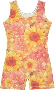[FRODOTGV] Yellow Sunflower Pink Girls Gymnastic Leotard Toddler Dance Biketards Tumbling for Excise, Tumbling Class, Biketards