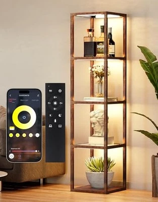 Floor Lamp Glass Display Shelf with Remote/APP Control, Dimmable Rustic Brown