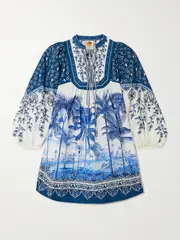 [Farm Rio] Farm Rio - Palm Tree Beach Printed Linen-blend Mini Dress - Blue - small small Blue