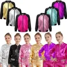 Kids Girls Shiny Metallic Hip Hop Jazz Dance Stage Tops Long Sleeve Jacket Coats