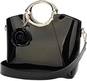 [STBTOO] Women Handbag Purse Patent Leather Top-handle Bag Elegant Clutch Evening Bag Flower Pendant Shoulder Bags