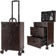 [MVMCTGTZPH] Professional Rolling Makeup Train Case, 3 in 1 Cosmetic Trolley Large Storage with Locks, Leather Cosmetic Organizer Trolley with Sliding Drawers, Vintage Cosmetic Box with Cosmetic Bag