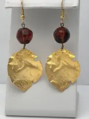 Vintage 1980-1990s GoldTone Pierced Earrings Amber Lucite Matte Leaves Dangle