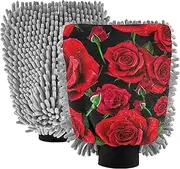 Wash Mitts for Car Washing Absorbent Microfiber Chenille Cleaning Scrub Pads Car Detailing Scratch Free Vibrant Red Roses Dew Drops, Large x 2 Pack