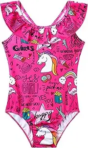 [Snowheart] Girls Swimsuit One Piece Bathing Suit Kids Quick Dry Shoudler Ruffle Floral Swimwear for 3-12 Years Old, Pink Unicorn, 3-4 Years
