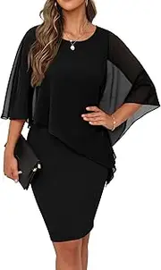 [QIXING] Womens Summer Casual Dress Loose Batwing Sleeve Crew Neck Chiffon Cape Elegant Midi Cocktail Pencil Dresses for Women UK for Funeral Party Wedding
