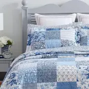 NEW! COZY COTTAGE COUNTRY CHIC FRENCH SHABBY ROMANTIC BLUE WHITE LEAF QUILT SET