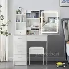 Dressing Table Stool Set With Smart LED Sliding Mirror Drawer Makeup Vanity Desk