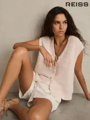 Reiss Ivory Lily Cotton-Linen Button-Through Knit Top (F09545) | $195