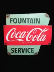 Coca-Cola Sign Tin Metal Retro Fountain Service Red Green Coke