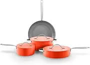 Sur La Table SLT800320ORG Colour Me Happy 4pcs Cookware Set, Frying Pan, Saucepan, Casserole, Multi-Pan, 10x Stronger Ceramic Coating, Lids with Steam Release, Induction Compatible, Aluminium, Orange