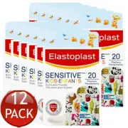 12 x Elastoplast Sensitive Kids Animals 20 Pack Wound Dressing Strips Plasters