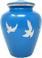 Light Blue Screw Top Funeral Memorial Urn For Loved Ones With Dove Designs 9 In