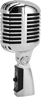 Classic Retro Dynamic Vocal Microphone, Old Vintage Style Cardioid Directional Mic with Self Tensioning Swivel Rack, for Live Performance Studio Recording (Silver)