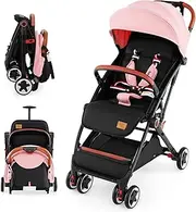[Baby Joy] Lightweight Baby Stroller w/ Mesh Net, Compact Toddler Travel Pram for Airplane, Easy One-Hand Fold Infant Stroller w/ 5-Point Harness, Adjustable Backrest, Footrest, Canopy, Storage Basket, Pink