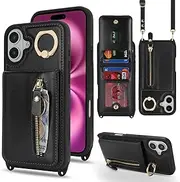 Cavor Vertical Flip Cover for iPhone 16 Plus Leather Case 6.7'' Crossbody Wallet Card Slots with 360°Rotation Ring Holder Kickstand & Long Shoulder Lanyard Strap-Black