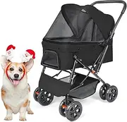 Wedyvko Medium Dog Stroller 50lb - Pets Stroller for Medium Dogs with Reversible Handlebar, 360 Front Wheel, Foot Brake, Wide Mesh Canopy, 2 Security Leashes, Cup Holder, Storage Basket, Black