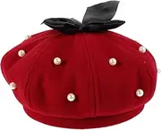 [DEARMAMY] Pearl Beret Newsboy Hats for Women Vintage Autumn Casual Beret Hat Octagonal Cap Women's Newsboy Caps Acrylic Dark Red