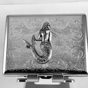 Mermaid Cigarette Case, Art Nouveau Antiqued Silver Metal Wallet Stash Box