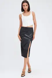 Black Midi Skirt Front Split Faux Leather - Size 8, Women's Midi Skirt
