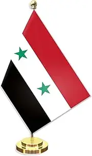 Syria Desk Small Flag Set,5×8 Inch Mini Syrians Desktop Banner,12" Metal Solid Pole Decor,Tiny Digital Printed Polyester Banner With Golden Base