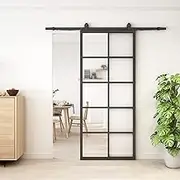 Jubest DIY Glass Sliding Closet Kitchen Door, 36in x 84in Modern French 5-Lite Clear Tempered Glass Aluminum Frame, Easy Assembly