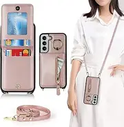 [Cavor] Vertical Flip Cover for Samsung Galaxy S22 Leather Case 6.1'' Crossbody Wallet Card Slots with 360°Rotation Ring Holder Kickstand & Long Shoulder Lanyard Strap-Rose
