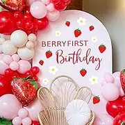 Berry First Birthday Party Decal Sign Strawberry 1st Birthday Wall Stickers Sweet One Birthday Wall Decor for Balloon Arch Backdrop Party Photo Props, 15.7 x 35.4inch, Pink, Red, White