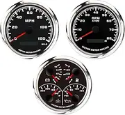MOTOR METER RACING W PRO Series 3 Gauge Set 85mm 3-3/8" GPS Speedometer, Tachometer & 4 in 1 Multi-Function Volt, Fuel Level, Water Temperature & Oil Pressure Black Dial White LED for Car, Boat