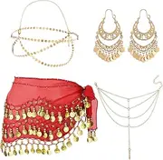 [ZRUNHU] 4 Pcs Gypsy Costume Accessories Belly Dance Accessories Hip Scarf Wrap Belt Drop Earrings Hair Chain Tassel Bracelet