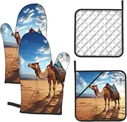 4 pcs Oven Mitts and Pot Holders Set 500°F Heat Resistant Oven Gloves and Hot Pads Kitchen Mittens Camel Blue Sky Cooking Gloves Potholders for Baking Grilling