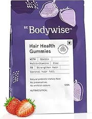 Be Bodywise Biotin Hair Gummies for Stronger, Shinier Hair & Nails | 120 Day Refill Pack | With Biotin, Zinc, Folic Acid, Fibre & Multivitamins | Strawberry Flavored | No Added Sugar & Gut Friendly