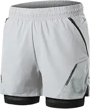 [Generic] 2-in-1 Men Running Shorts with Zipper Pockets Quick Dry Exercise Shorts for Training Gym Workout