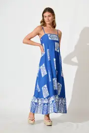 Hanalei Midi Sundress Spaghetti Strap in Blue with White Print 8