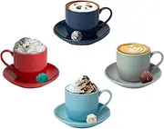 4oz. Espresso Cups Set of 4 with Matching Saucers - Premium Porcelain, 8 Piece Gift Box Demitasse Set - Red, Blue & Grey – Italian Caffè Mugs, Turkish Coffee Cup – Lungo Shots, Dopio Double Shot