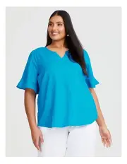 [Taking Shape] Cotton Linen Flutter Sleeve Top in Turquoise