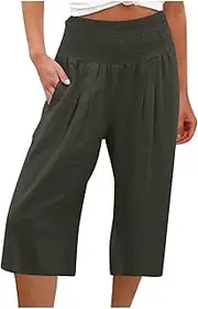 [Generic] Linen Capris Pants for Women Summer Elastic High Waist Wide Leg Pants Loose Lightweight Comfy Casual Trousers 2025