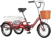 3 Wheels Mini Foldable Adult Tricycles 16 Inch Bikes Exercise Bike Three-Wheeled Bicycles Cruise Trike with Shopping Basket for Seniors Women Men Red Load 180kg Cycling Pedalling