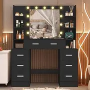 Large Vanity Desk with Mirror & Lights,Dressing Table with Built - in 11 LED Lights,7 Drawers,White Vanity Table 3 Lighting Modes Adjustable Brightness (Black)