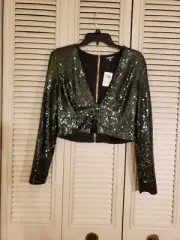 Charlotte Russe Sequined Crop Top Deep Green Zip Up Back Womens Size Large NWT!