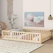 Tatub Full Floor Bed with Rails and Door and Slats, Montessori Bed Frame for Girls and Boys, Wood Montessori Floor Bed for Kids, Nature