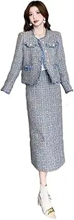 [Generic] Women's Tweed Two Pieces Set Temperament Jacket Coat + Midi Skirt Office Suits