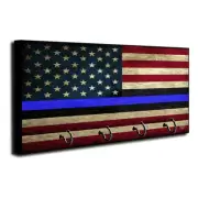 Law Enforcement American Flag Solid Stripes Thin Blue Line Flag Wood Key Hanger