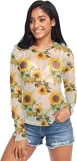 [AIXIWAWA] Sunflower Vintage Women's Long Sleeve Mesh Sheer Top, Sexy See-Through Blouse for Party, Evening Wear S