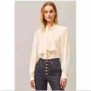 Tory Burch New Ivory Floral Chiffon Bow Blouse Size 4 NWT