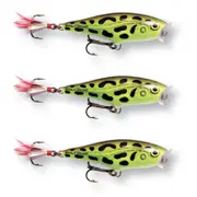 3x Rapala 5cm Skitter Pop Topwater Popper Fishing Lures - Lime Frog