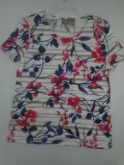 Chico's Anisa Brushed Striped Floral Short Sleeve Smooth Scoop Tee Top NWT sz 1