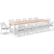 Balmoral 3.55m Teak Top Aluminium Table with 12 Kansas Dining Chairs 12 Seats - White - Textured Olefin Grey
