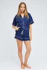 Blue Pyjama Set Short Sleeve Satin Piping PJ - Size L, Women's Satin Set